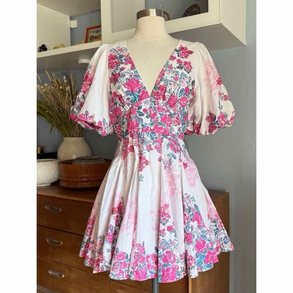 HEMANT AND NANDITA Mila Mini Dress Floral Tricolor Puff Sleeves - Picture 1 of 11